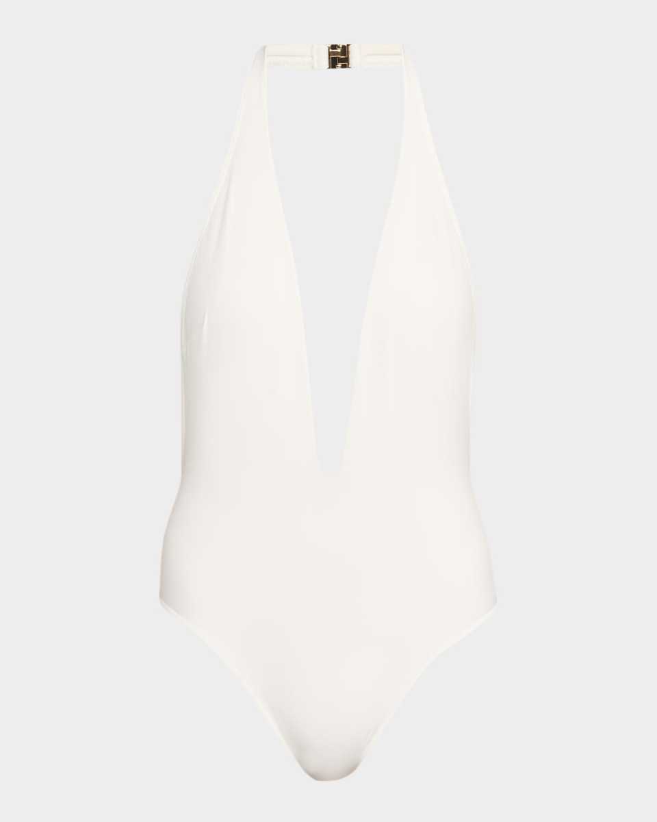 Plunging Halter Jersey One-Piece Swimsuit